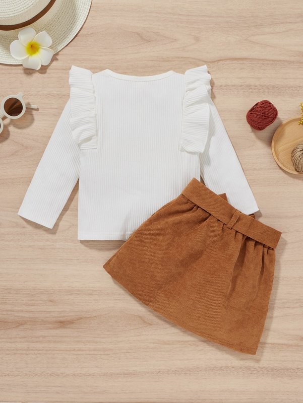 Toddler Girls Rib Knit Ruffle Trim Top & Belted Skirt SHE