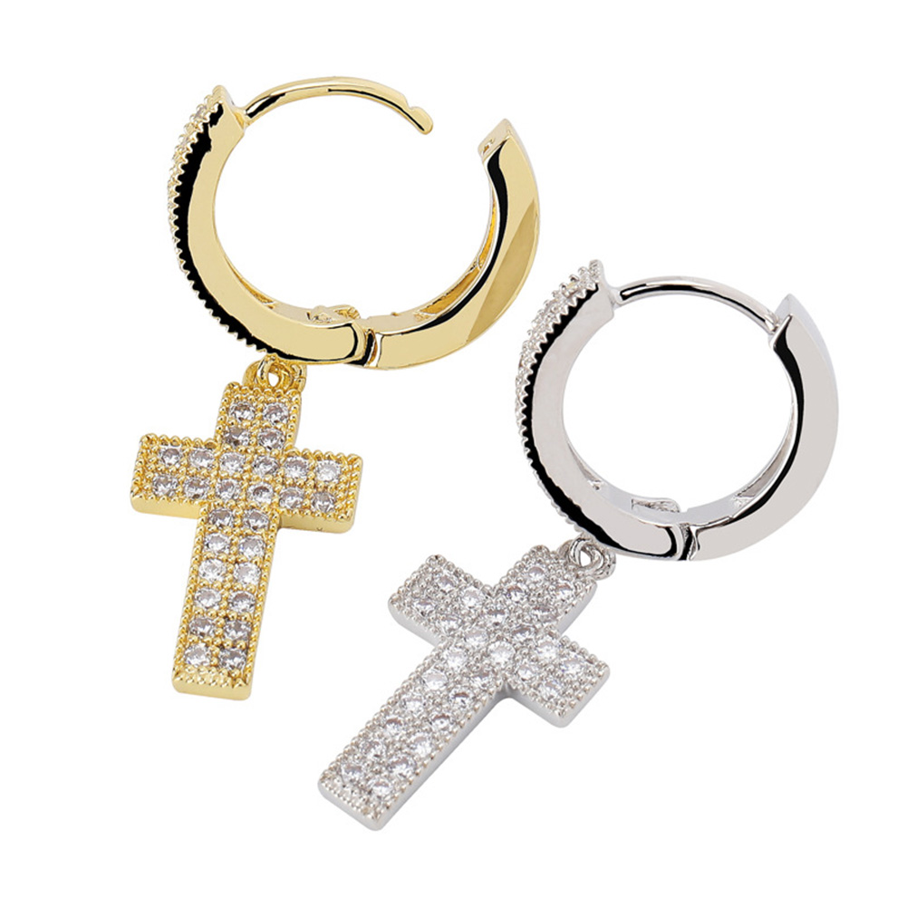 Hip Hop Cross Dangle Earrings TopBling White Zircon Hoop Earrings 18K Real Gold Platinum Plated Jewelry