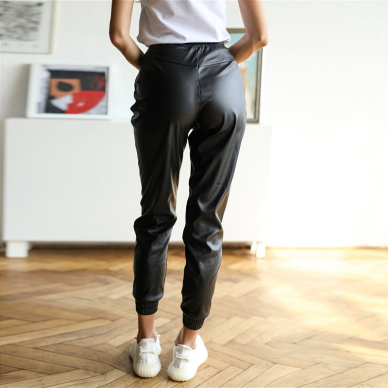 Fashion PU Pants For Women Full Length Pencil Faux Leather Solid Elastic Waist Drawstring Casual Loose Office Lady 220325