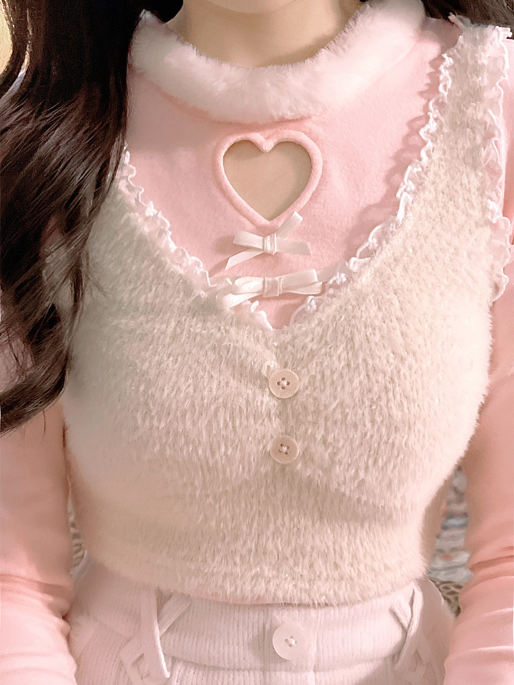 Winter Pink Kawaii Lolita Vest Women Lace Japanese Casual Sweet Cute Tanks Bow Warm Princess Camisole Korean Style Clothing 220325
