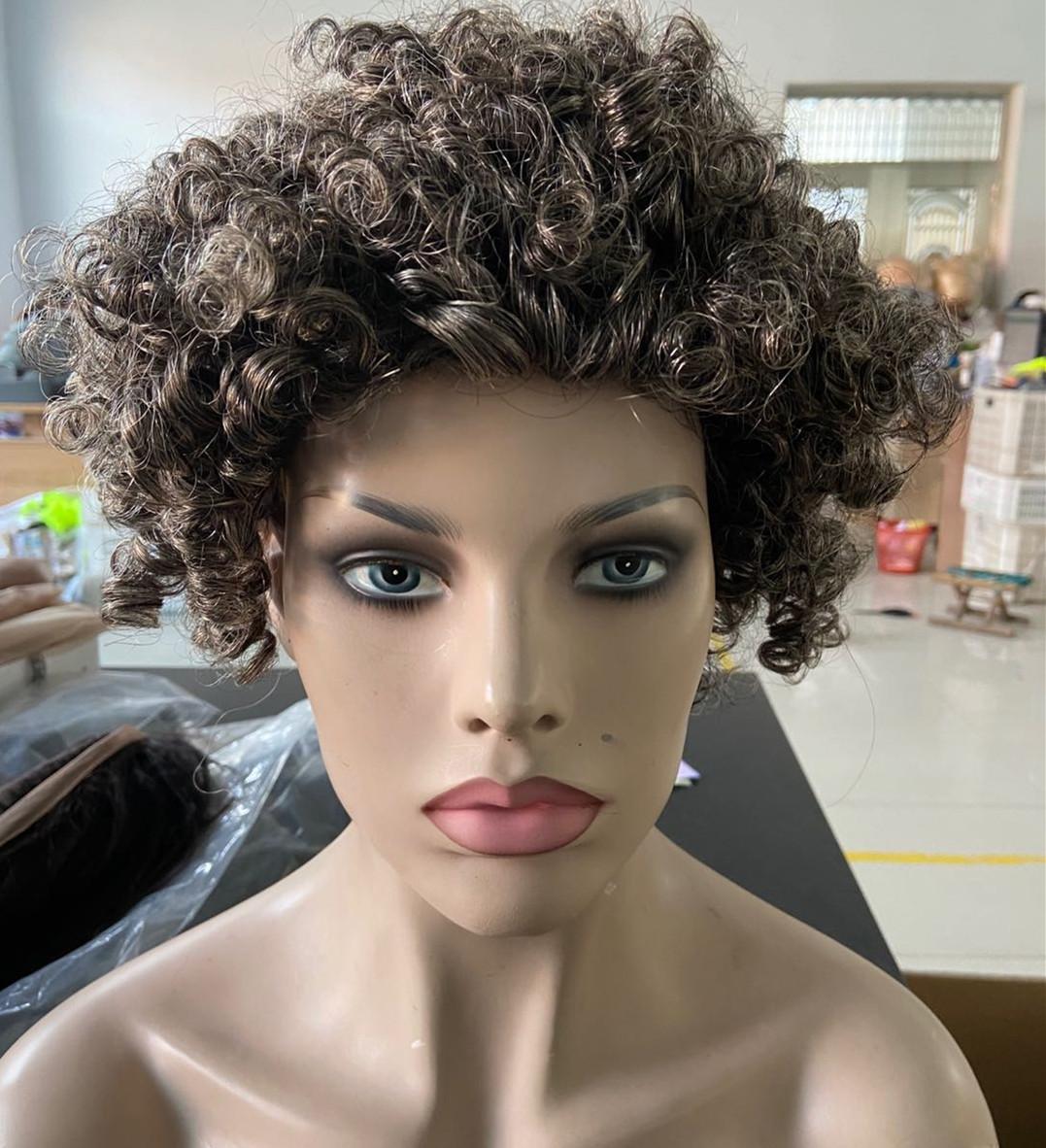 Short gray kinky curly afro wig for women non lace machine made salt and pepper human hair wig