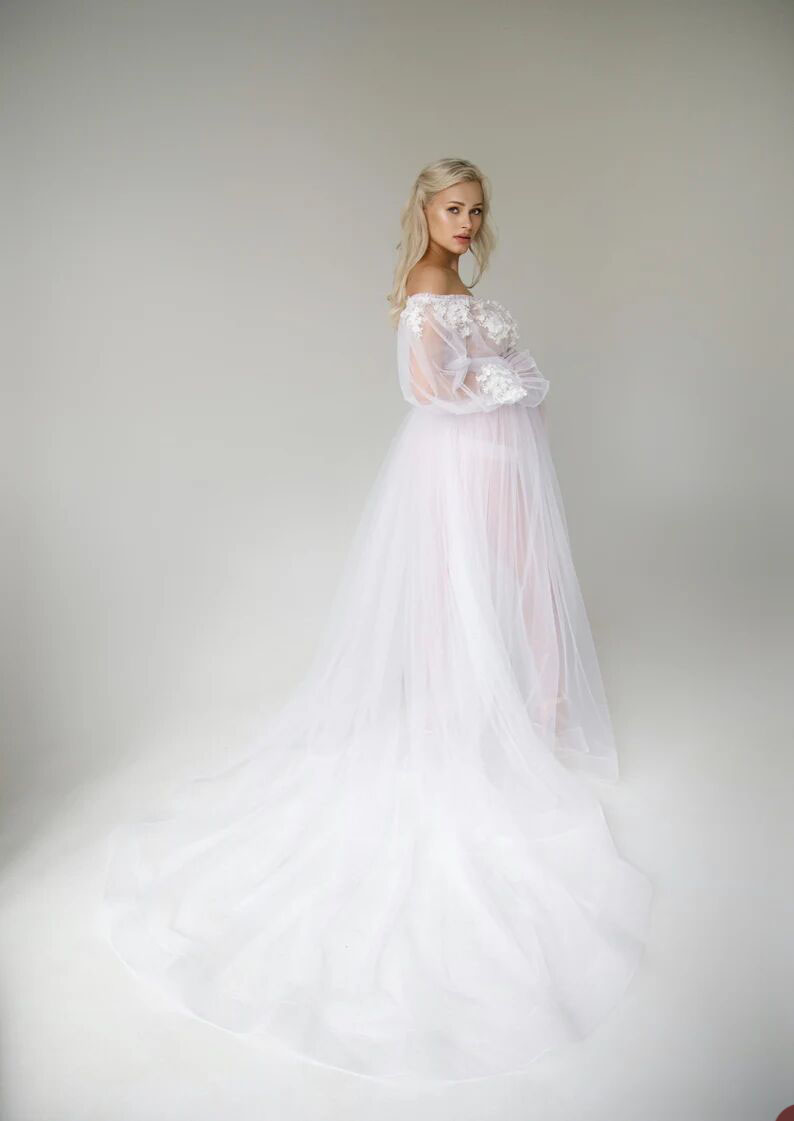 White Illusion Party Sleepwear Dresses Women Long Maternity Flowers Custom Made Robe Evening Dress