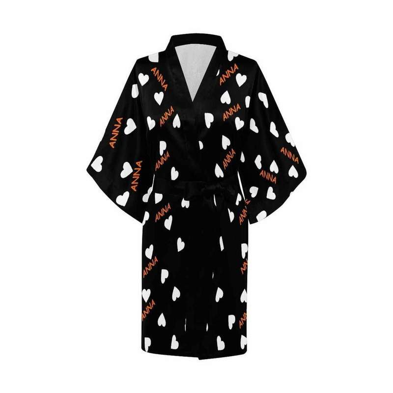 Custom Name Heart Women Short Kimono Robe Black Background Personalized Gifts Female Indoor Autumn Soft Pajama Set Sleepwear 220621