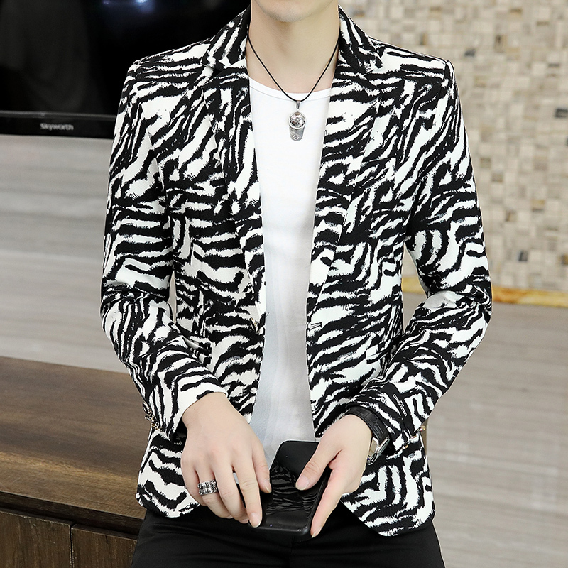 Men Personality Suit Jacket Hair Stylist Printed Small Suit Casual Jacket Korean Handsome Night Show Zebra Print Men's Blazer 220520