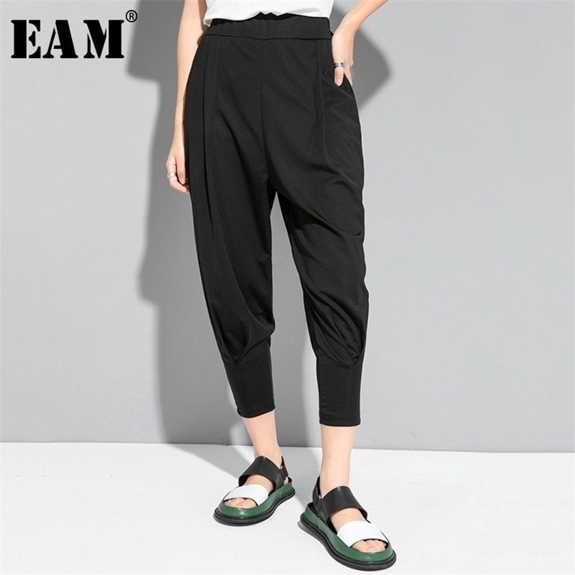 EAM High Elastic Waist Black Brief Leisure Long HaremTrousers Loose Fit Pants Women Fashion Spring Summer 1U775 201228
