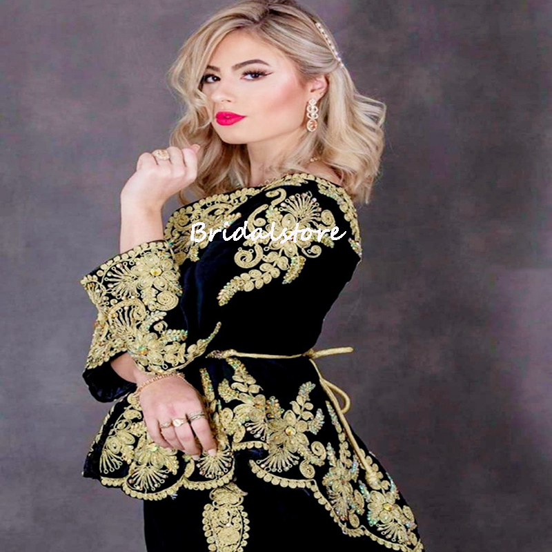 Vintage Black Algeria Abaya Evening Dress 2022 Kosovo Albanian Elegant Long Sleeve Karakou Bride Prom Dresses Peplumn Party Gown Elegant Side Slit Rob