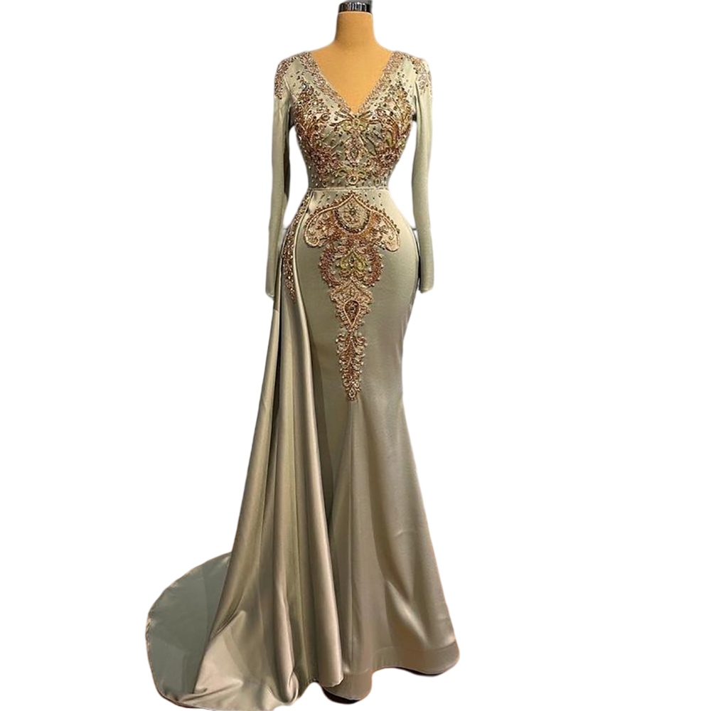 Muslim Mermaid sage Green Overskirt Evening Dresses Gowns 2022 Luxury Elegant Beaded Satin For Women Party Occasion Prom Dress