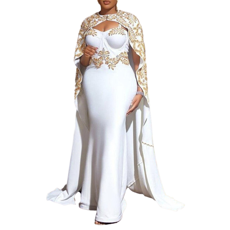 Luxury Beaded Arabic Dubai Evening Dresses Elegant White Satin Corset Mermaid Formal Event Gowns With Long Cape Wrap Women Plus Size Prom Dresses Robe