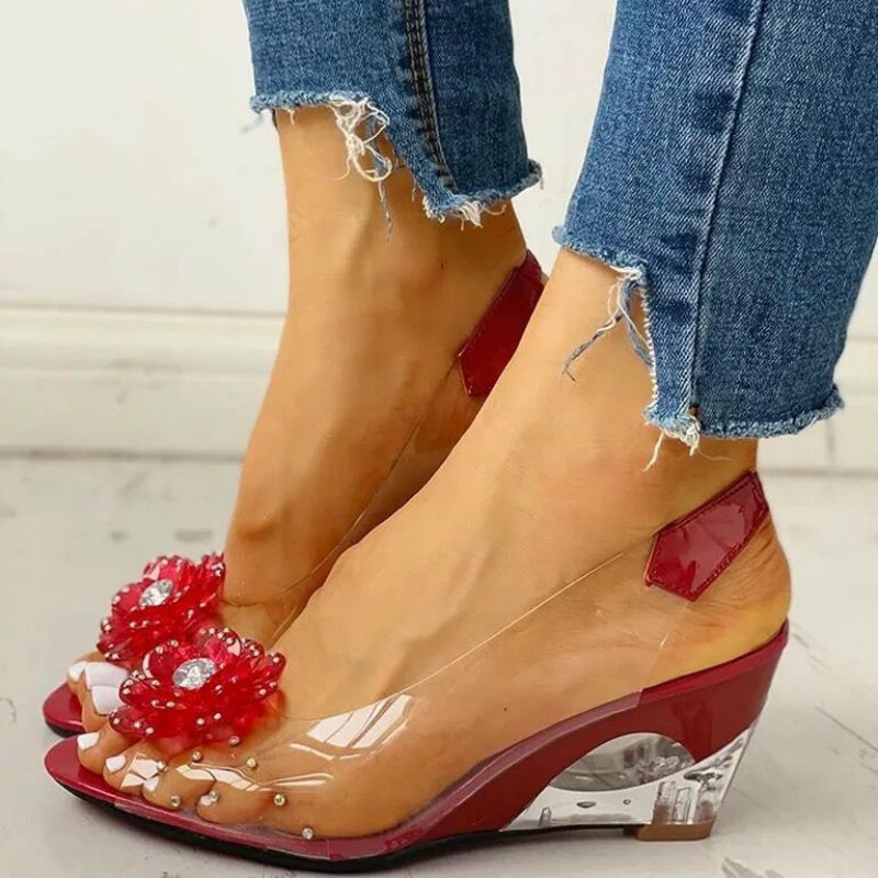 Large Size Female Sandals Summer Wedge Heel Sweet Flowers Transparent Waterproof Leisure Women's Jelly Shoes 220315