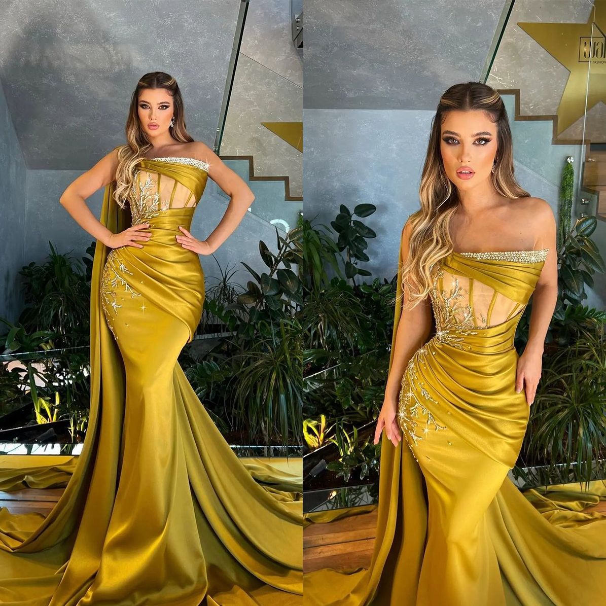 Strapless Mermaid Prom Dresses Sexy Bilng Bling Beads Lace Applique Saudi Women Evening Sheath Gowns Robe De Soiree