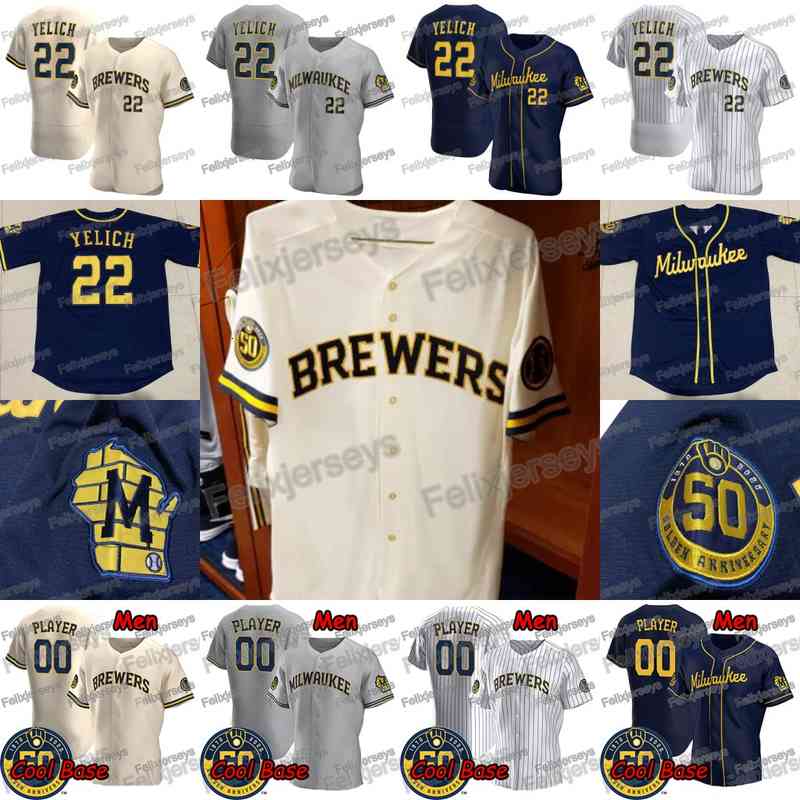 2020 New 22 Christian Yelich Josh Hader Travis Shaw Orlando Arcia Lorenzo Cain Eric Thames Keston Hiura Ben Gamel Baseball Jerseys