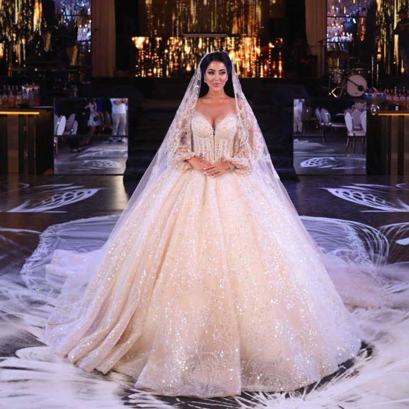 Princess Ball Gown Wedding Dresses Bridal Gowns V Neck Lace Strapless Long Sleeve Appliqued Sequins or Length Train Plus Size Robe De Mariee Custom Ma