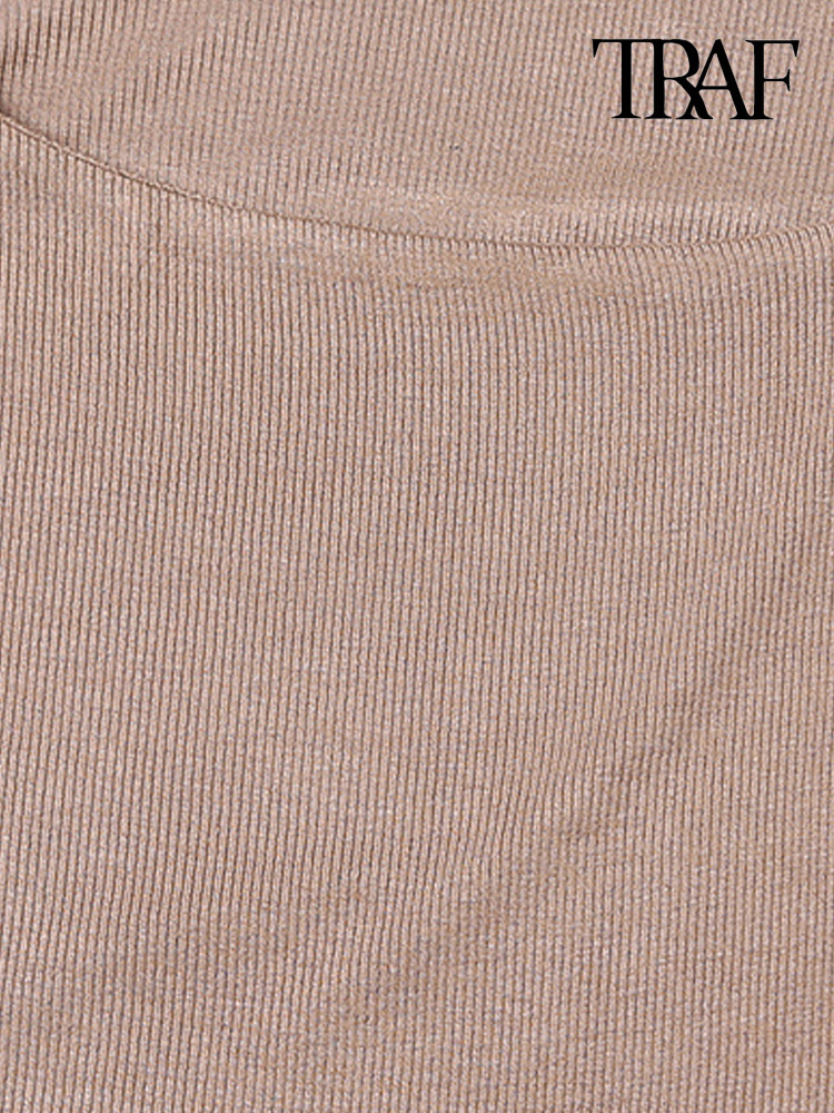 TRAF Women Sexy Fashion Fitted Cropped Ribbed Knitted T-Shirt Vintage Square Collar Long Sleeve Female Tops Mujer 220321