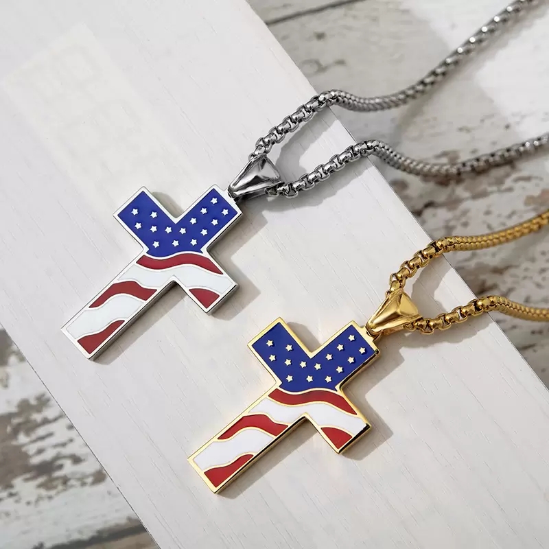 Creative Alloy Gold Silver Enamel American Flag Cross Pendent Necklace for Men Women USA Independence Day Festival Necklaces Jewelry Gift