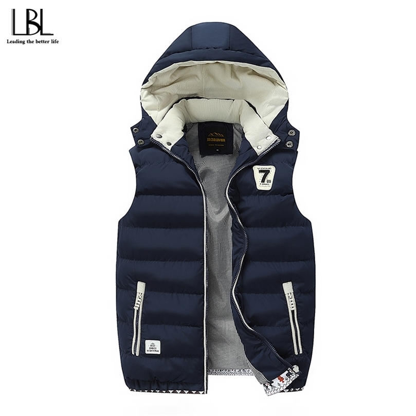 Down Vest Men Autumn Winter Warm Men's Casual Waistcoat Sleeveless Jacket Man Windproof 5XL Mens Vest Overcoats Hat Detachable 201128