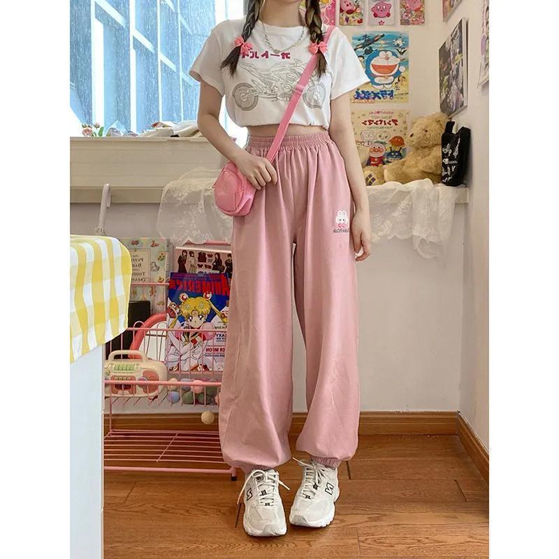 HOUZHOU Kawaii Harajuku Joggers Pant Soft Girl Loose Beige Baggy Korean Fahion Pink Gray Trousers Bear Embroidery 220325