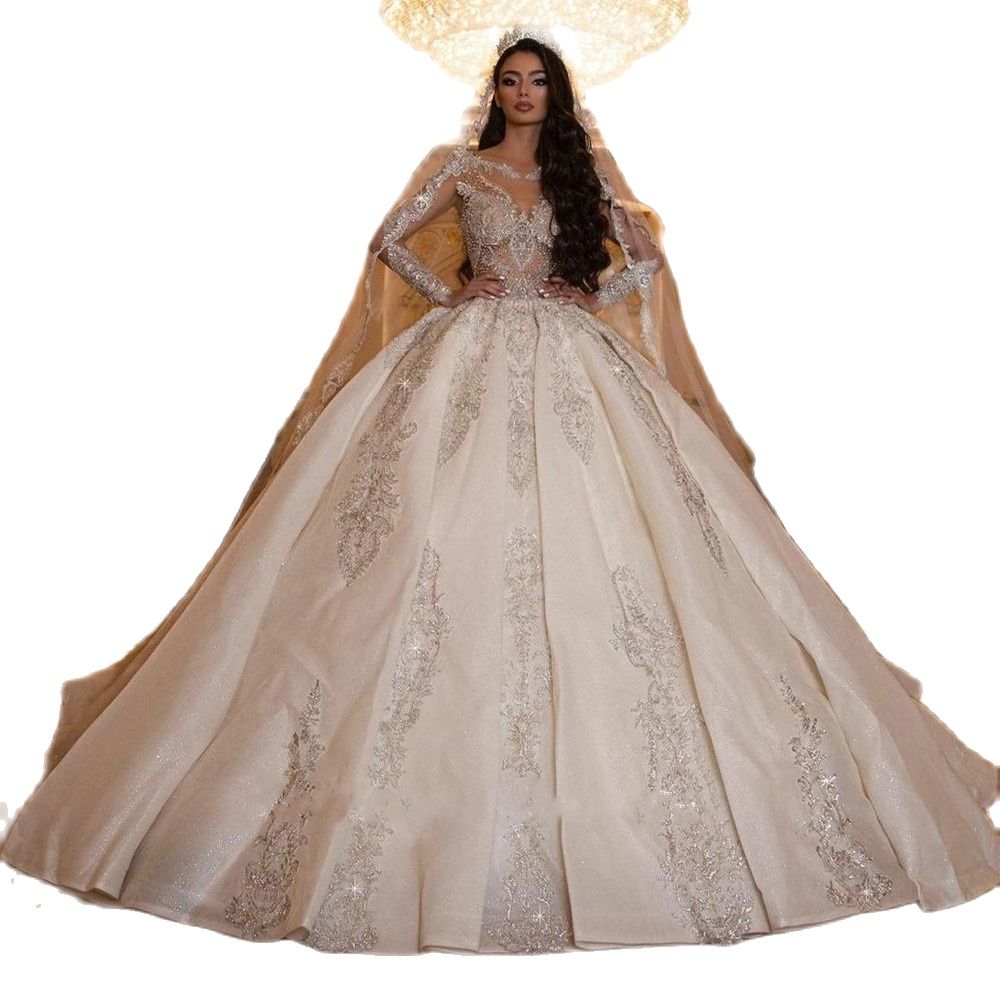 Luxurious Wedding Ball Dress Lace Sequined Long Sleeve Vintage Bridal Gowns Plus Size Elegant Dress Vestido De Novia