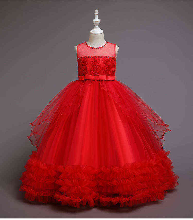 Kids Girls Beaded Elegant Wedding Flower Girl Dress Princess Party Pageant Formal Sleeveless Lace Tulle 2-8 Y Y220510