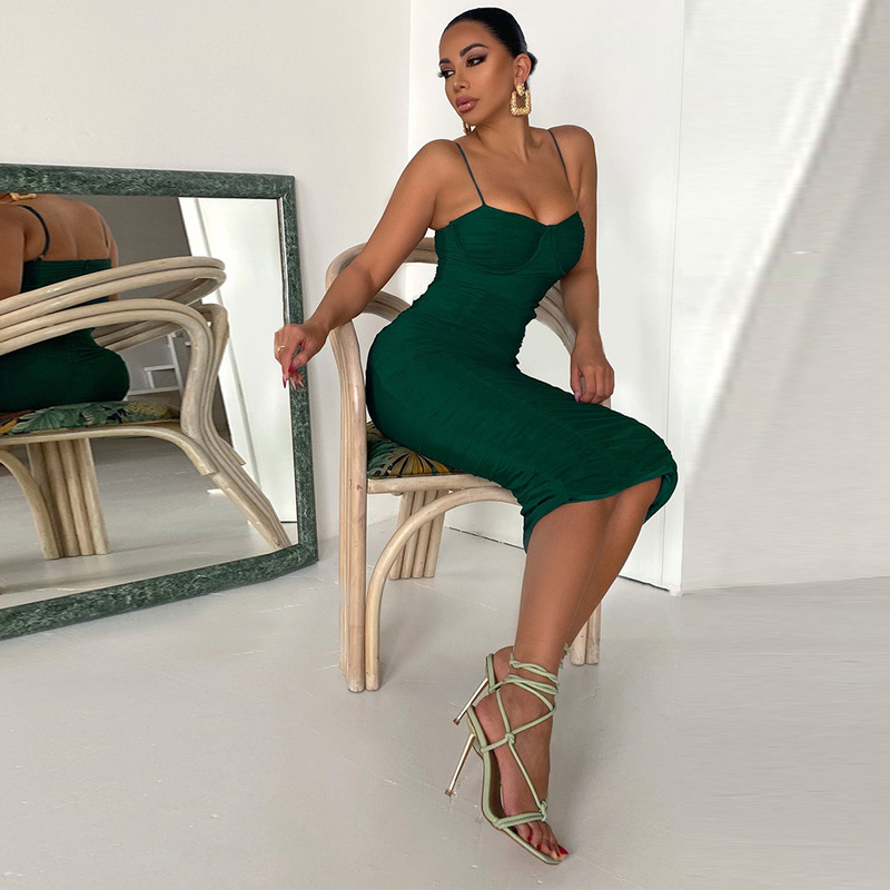 Mesh Draped Bandage Dress Arrival Midi Bandage Dress Bodycon Women Summer Green Sexy Party Dress Evening Club Outfits 220507