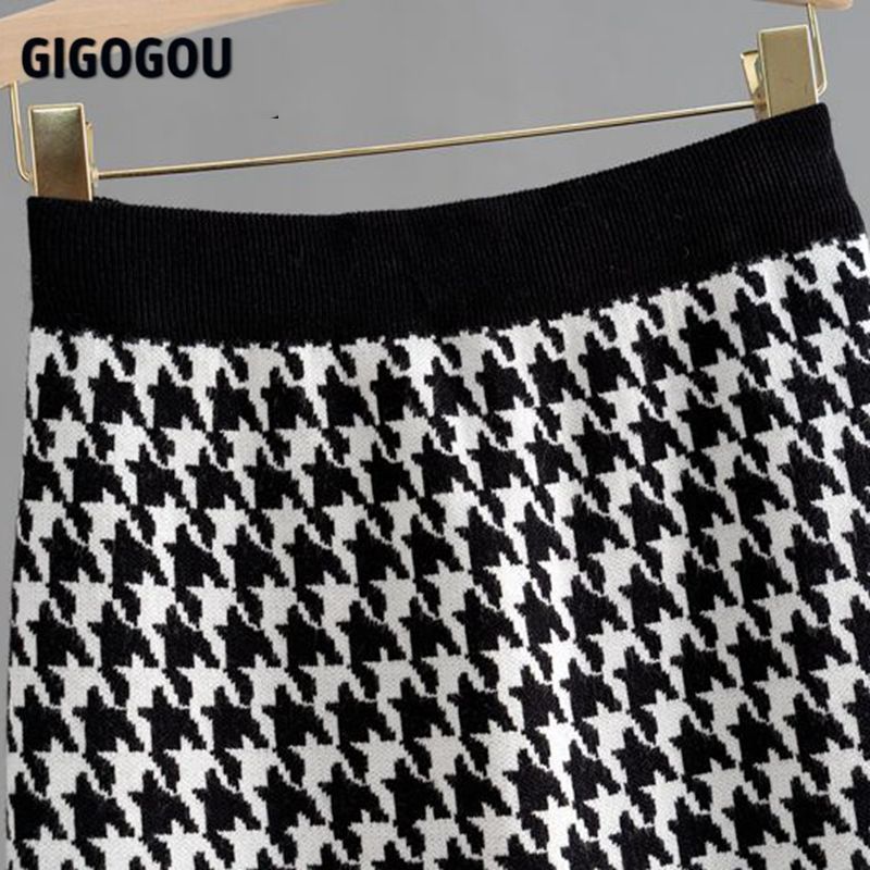 GIGOGOU Houndstooth Elastic Band Women Skirts Autumn Winter Warm Knitted Pencil Bodycon Ribbed Midi Sweater Split Up 220317