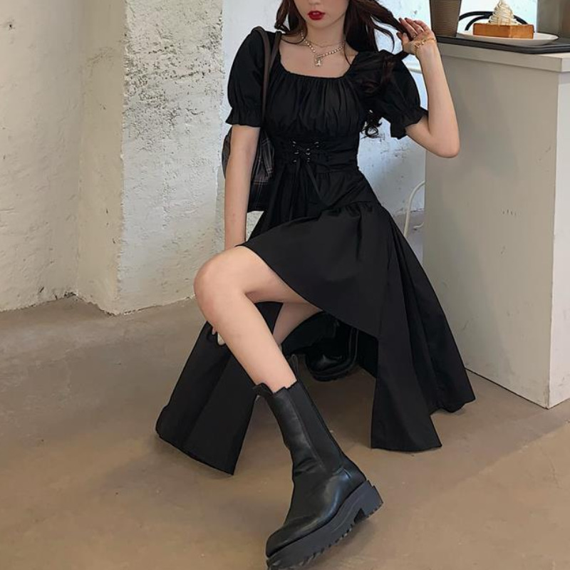 HOUZHOU Womens White Summer Elegant Vintage Kawaii Puff Sleeve Midi Dress Square Collar Bandage Sundress Goth Outfits 220707