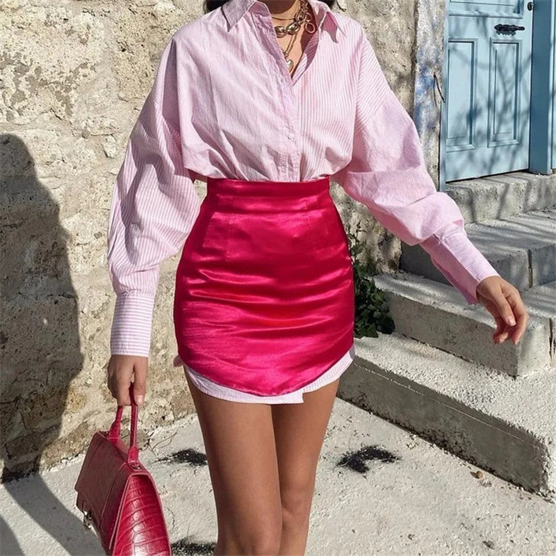 TRAF Woman Skirts Purple Short Women Green Satin High Waist Sexy Tight Elegant Mini Bodycon Autumn 220317