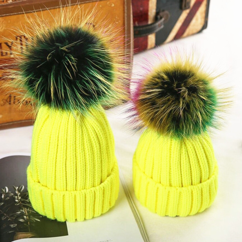 Caps & Hats Winter Rainbow Color Real Fur Pompom Knitted Kids Casual Thick 220823