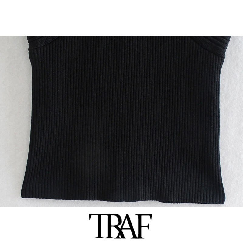TRAF Women Sexy Fashion Cross Wide Straps Cropped Black Knit Tank Tops Vintage Backless Fitted Female Camis Mujer 220325
