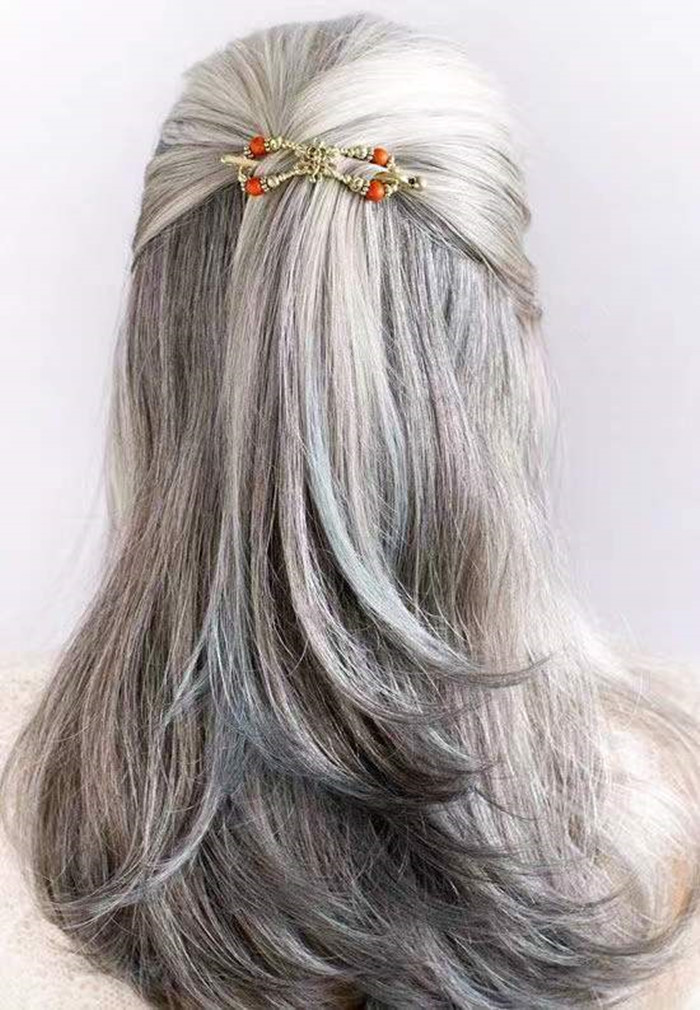 Short gray real hair ponytail hairpiece wraps pony tail silver grey puff bun updo gorgeous for young girl women salt and pepper natural highlights dra