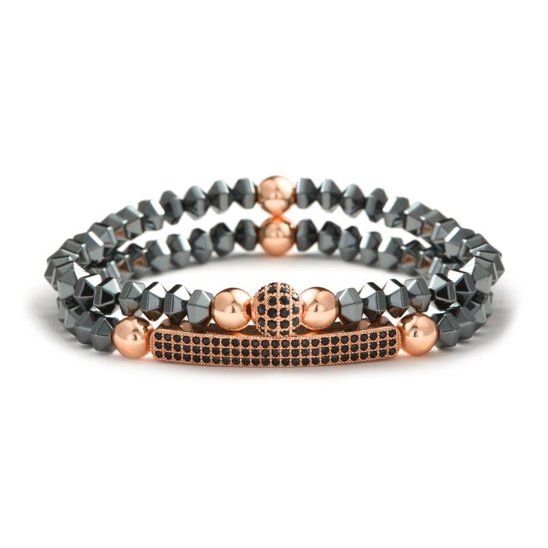 Beaded, Strands Fashion Set Men Bracelet Geometry Natural Hematite Braclet Rose Gold Copper Beads Pava Zirconia Braslet Hombre Jewelry Pulse