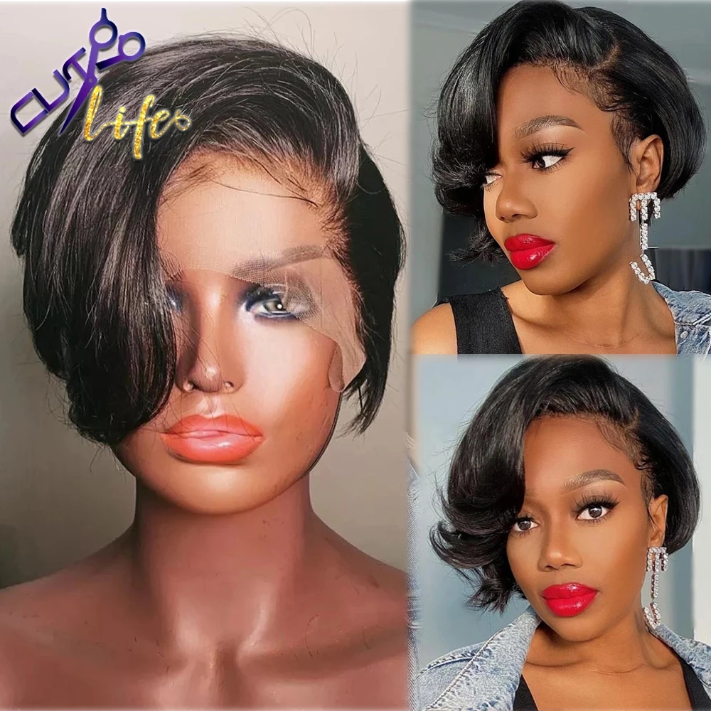 Short Pixie Cut Lace Wig Bob Wavy Human Hair Wigs For Women Remy Pre Plucked Hairline Natural Glueless Hair