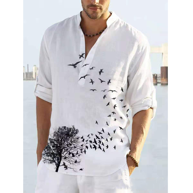 Fashion Men's Shirt Loose Linen s Male Cotton Color Printed V-neck Buttons s Men Casual Long Sleeves 220322