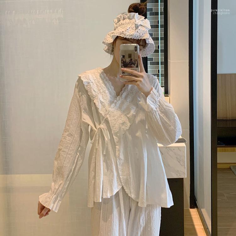 Winter Cotton Pajamas Set Ladied Sweet Petal Sleeve Lace Suits V Neck Loose Women Ruffles Home With Head Band Sleepwear Women's Tracksuits, White
Winter Cotton Pajamas Set Ladied Sweet Petal Sleeve Lace Suits V Neck Loose Women Ruffles Home With Head Band Sleepwear Women's Tracksuits, White