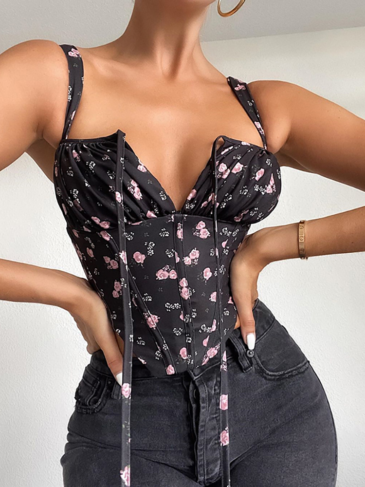 Asia Floral Corset Women Sweet Print Hollow Up Tie Sexy Crop Top Summer Sleeveless Ruched Boning Bustier Casual Tank 220316