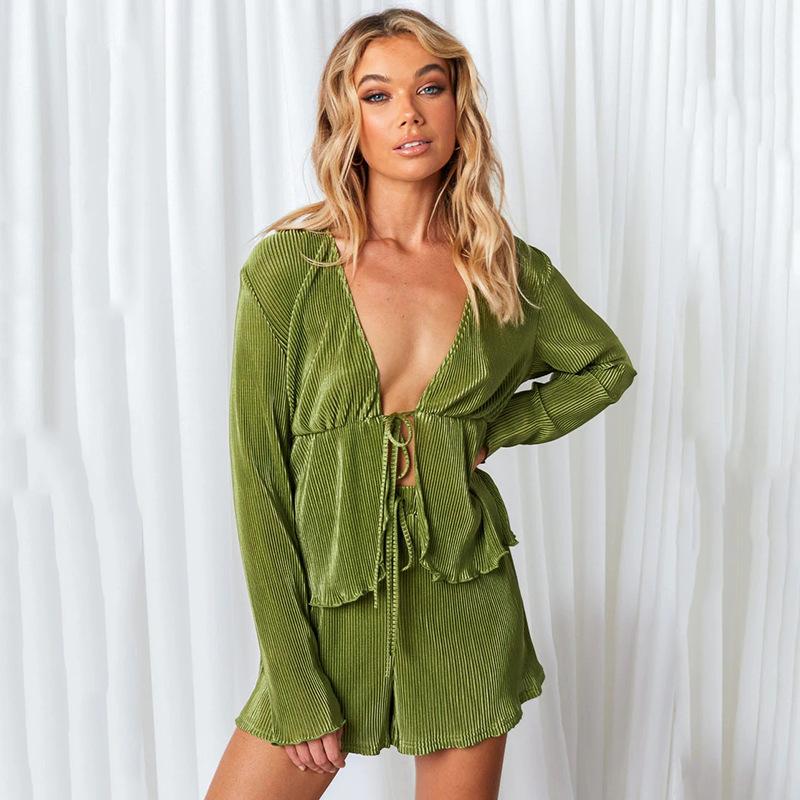 Women's Tracksuits Summer Fashion V-Neck Ruffles Long Sleeves Top And Shorts Suit Solid Strappy Cardigan 2 Piece Set For Women Matching Sets, Fd9468
Women's Tracksuits Summer Fashion V-Neck Ruffles Long Sleeves Top And Shorts Suit Solid Strappy Cardigan 2 Piece Set For Women Matching Sets, Fd9468