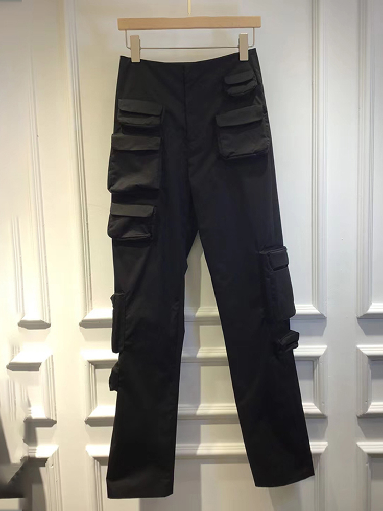 DEAT Autumn Functional Wind Heavy Industry High Waist Straight Pants Black White Thin Multi Pocket Overalls 7I0208 220325
