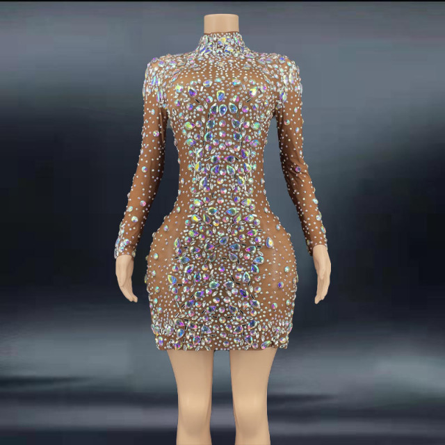 Sparkly Big Rhinestone Prom Dresses with feather Transparent Long Sleeve Birthday Celebrate Luxurious Costume Dancer Flashing evening gown