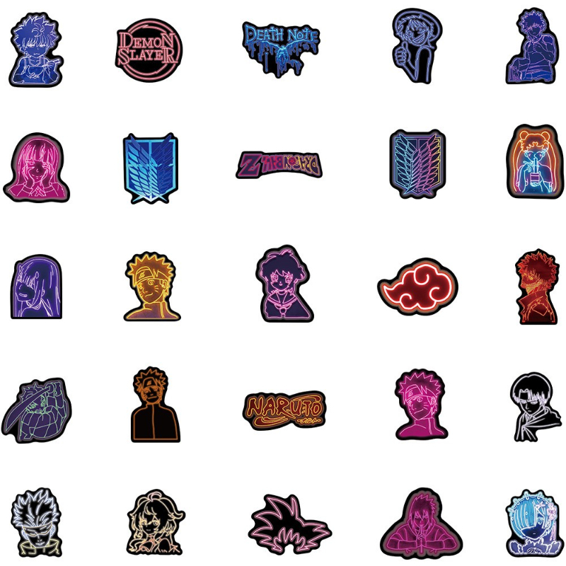50Pcs/Lot Mixed Anime Neon Light Stickers Attack on Titan/Demon Slayer Graffiti Stickers Motorcycle Luggage DIY Toy Decal for Kid