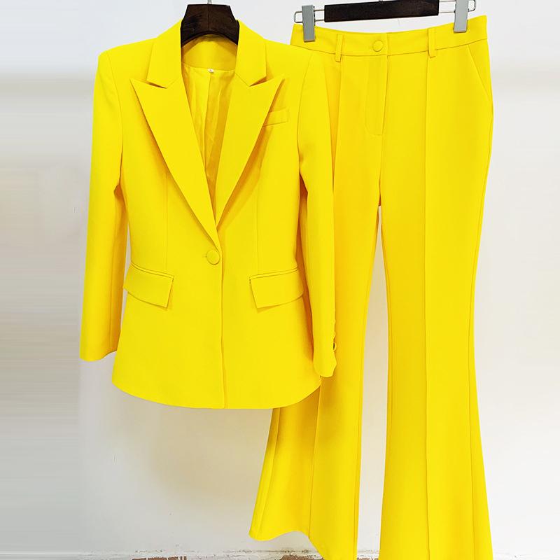 

Women' Two Piece Pants Red RoosaRosee Fashion Spring Women Designer Turn-down Collar Single Button Yellow Blazer Flare Office Twinset Suit