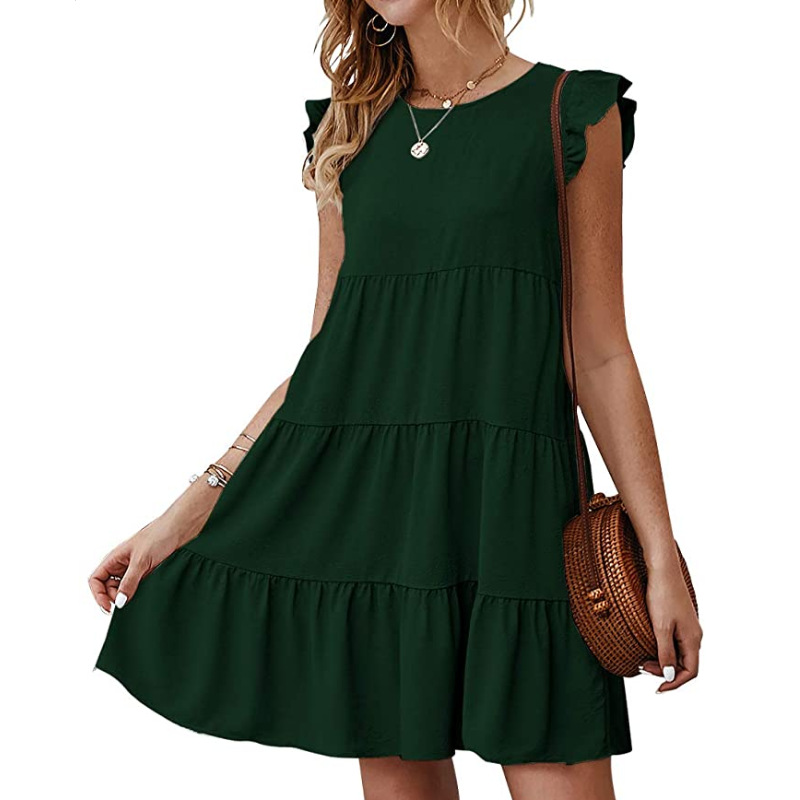 Women Summer Casual Dresses Sleeveless Ruffle Sleeve Round Neck Mini Dress Solid Color Loose Fit Short Flowy Pleated Dress