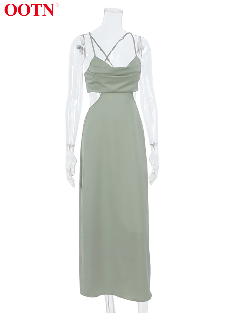 OOTN Sexy Summer Strap Women Long Dress Backless Satin Party Dresses Draped Collar Black Elegant A Line Sleeveless Sundress 220511