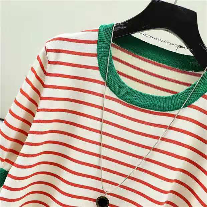 Shintimes Striped Tee Shirt Femme Tops Summer T Women Thin Ice Silk Knitted Tshirts Short Sleeve Clothing Camisetas Mujer 220321