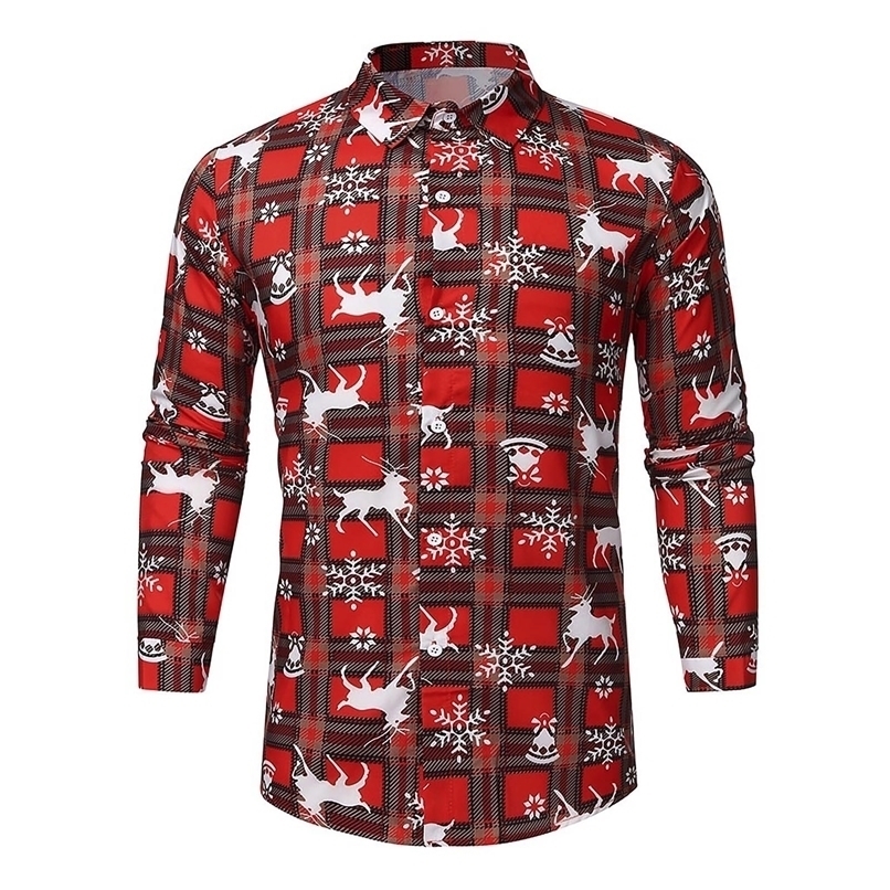 Christmas Deer Printed Blouse Mens Shirt Top Standing Collar Long-Sleeved Autumn Clothing For Man Ropa Hombre 220322