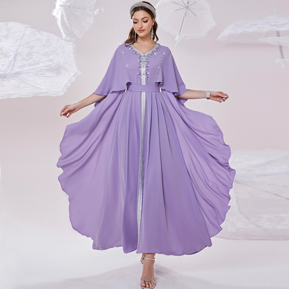 Muslim Lilac Caftan Marocain Evening Dress 2022 With Caped Sleeves Sexy V Neck Abaya Dubai Prom Dresses Elegant Formal Party Vestidos De Robe Midi Abi