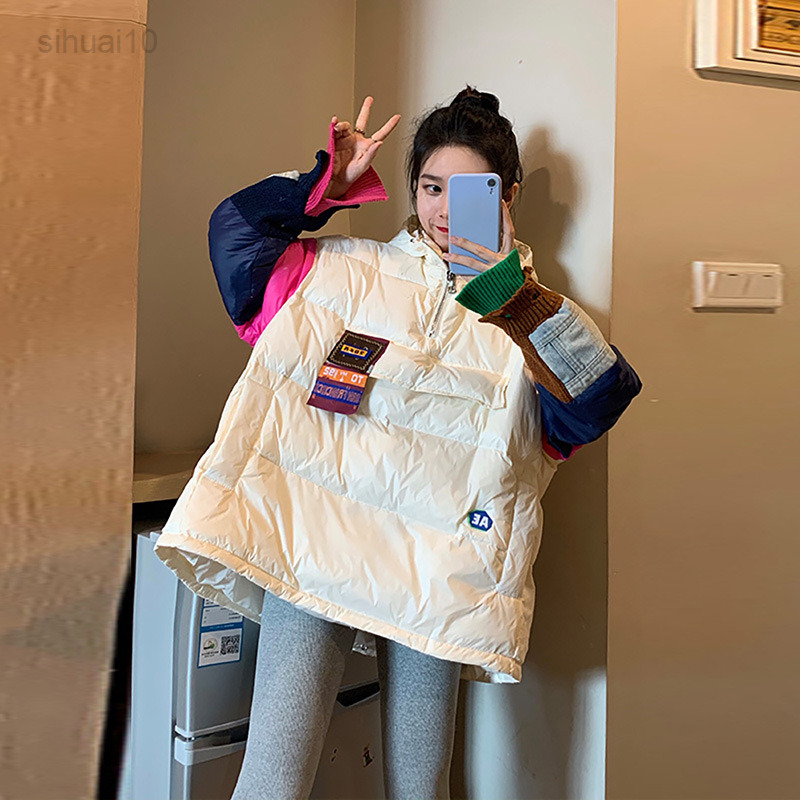 Qingwen Women Winter Thick Fashion Patchwork Hooded Sweater Casual Down Jacket Female 2022 Loose Warm Overcoat Down Jacket Parka L220725