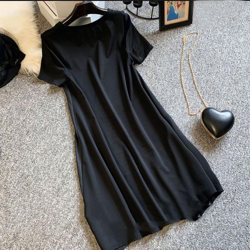 Summer Dress Women Large Size Slimming Loose Fashion Belly covering Length Black Spliced Printing Vintage Oversized 220613