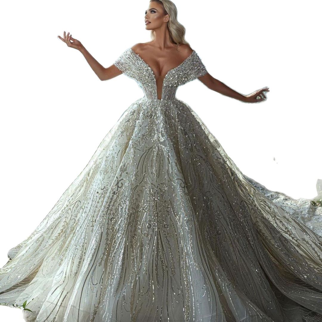 Princess Ball Gown Wedding Dresses Bridal Gowns Sexy V Neck Off Shoulder Lace Sleeveless Appliqued Sequins Floor Length Train Plus Size Robe De Mariee