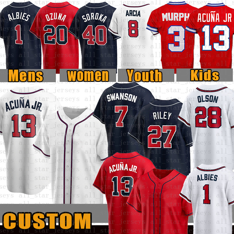 Custom 13 Ronald Acuna Jr. Baseball Jersey Atlanta Dansby Swanson Matt Olson Ozzie Albies Austin Riley Travis d'Arnaud Hank Aaron Max Fried Marcell Ozuna Orlando Arcia, Women size s-xxl
Custom 13 Ronald Acuna Jr. Baseball Jersey Atlanta Dansby Swanson Matt Olson Ozzie Albies Austin Riley Travis d'Arnaud Hank Aaron Max Fried Marcell Ozuna Orlando Arcia, Women size s-xxl
