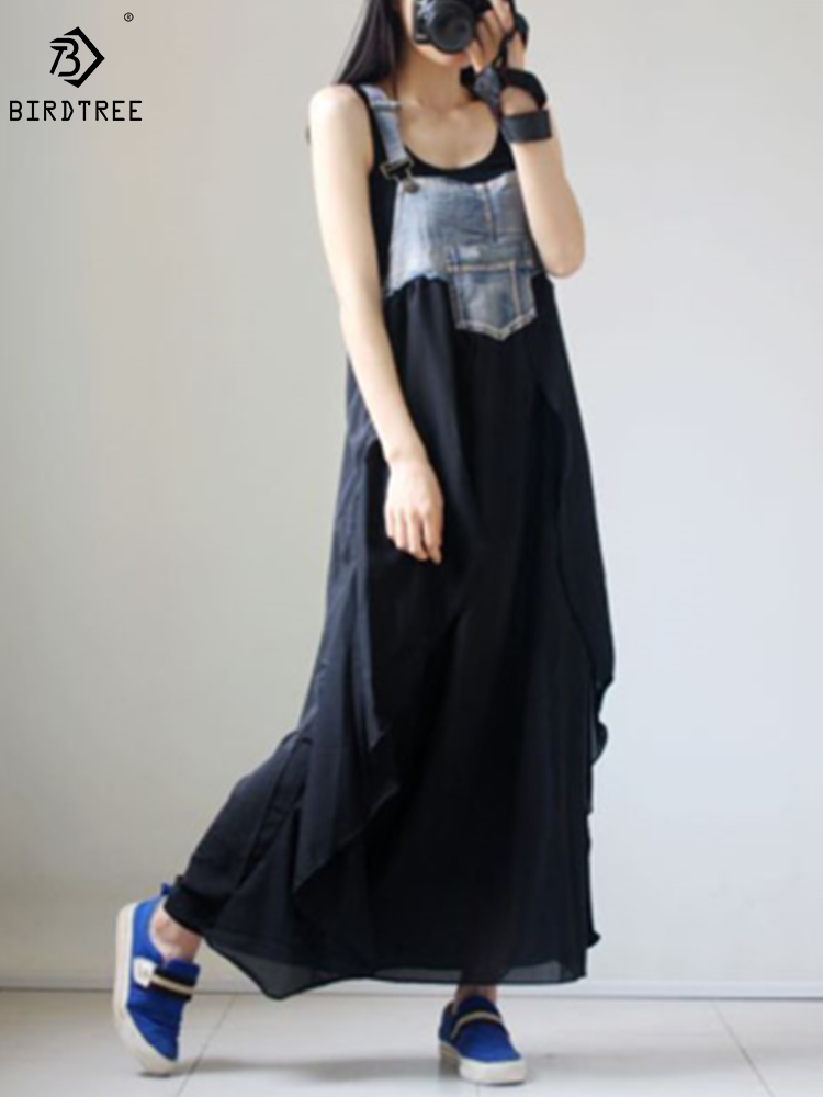 Summer Women Plus Size Square Collar Elegant Pocket Patchwork Strap Loose Casual Chiffon Jeans Black Dresses D93227X 220510