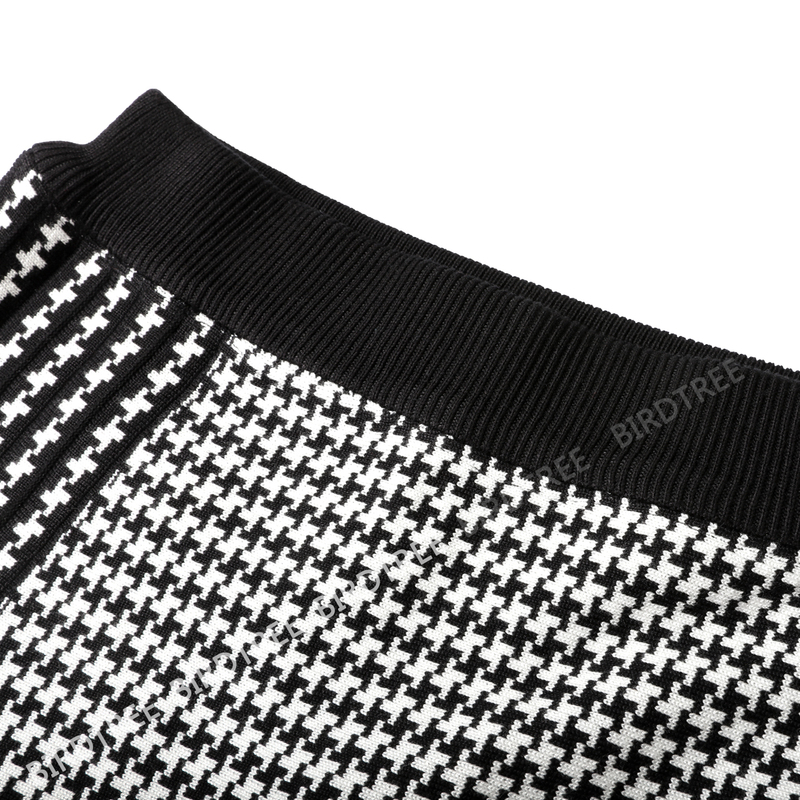 Autumn Winter Women Houndstooth Patchwork 80cm Midi Skirts Elastic High Waist Pleated Vintage Casual Fashion Skirt Lady B17702X 220317